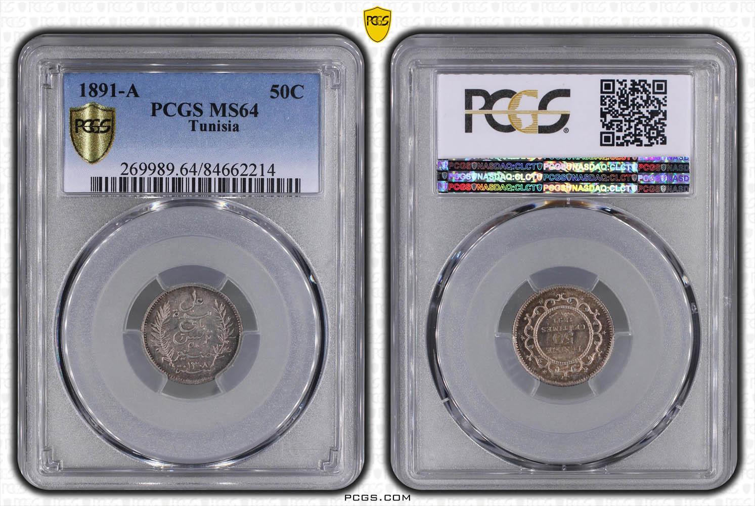 TUNISIA, Ali III, 50 Centimes 1891, nicely toned, PCGS MS 64 TUNISIA, Ali III, 50 Centimes 1891, nicely toned, PCGS MS 64
