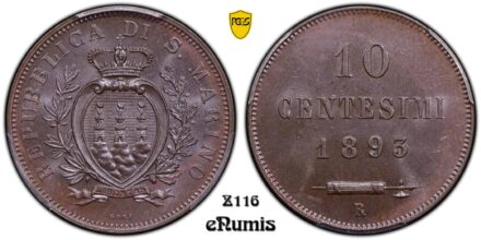 San Marino, 10 Centesimi 1893, Top Pop, PCGS MS 64 BN