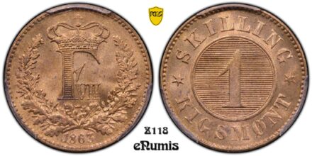 DENMARK, Frederick VII, 1 Skilling Rigsmont 1863, PCGS MS 66 RD
