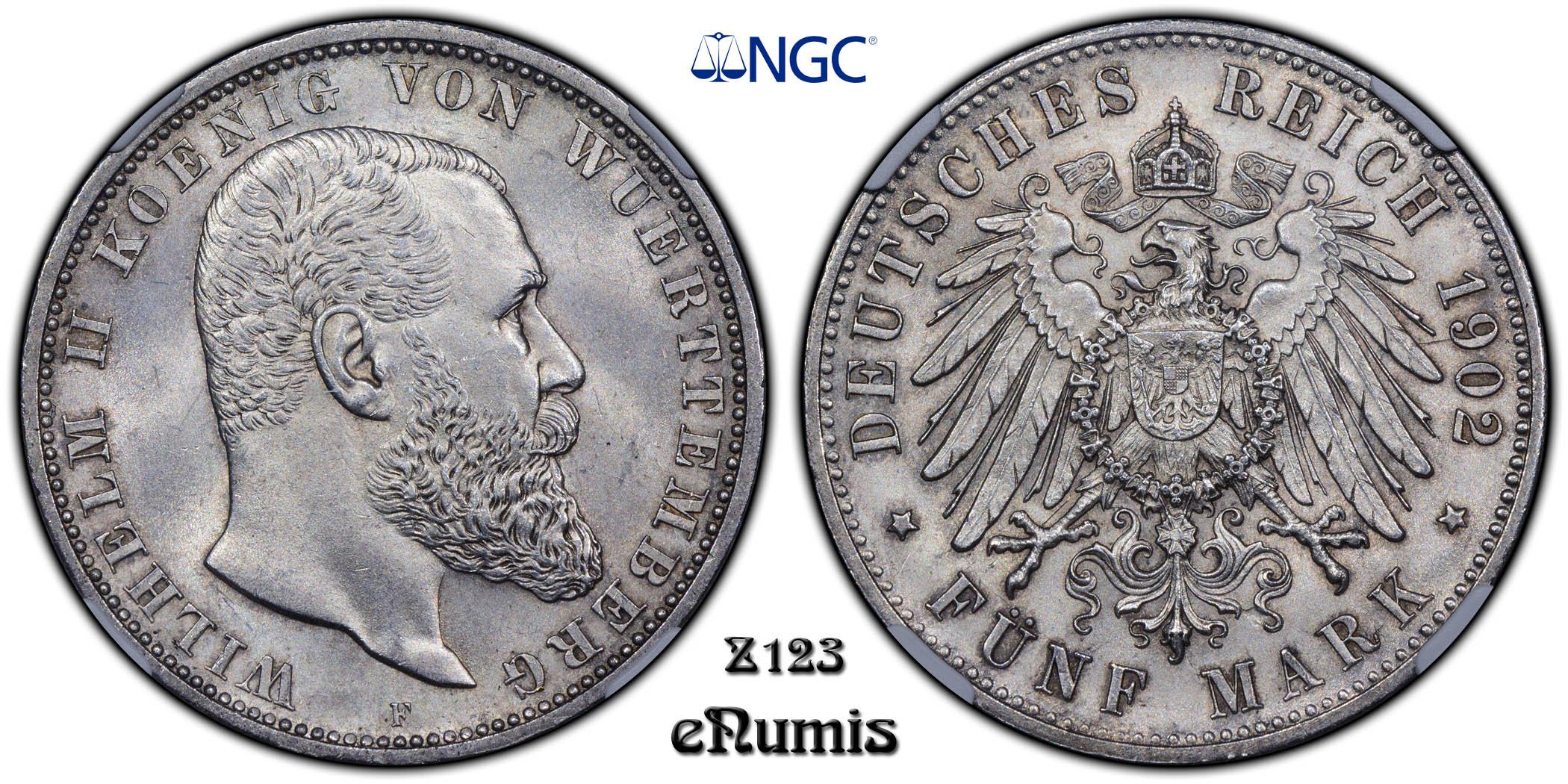 Germany, Wurttemberg, Wilhelm II, 5 Mark 1902, Better year, NGC MS 64