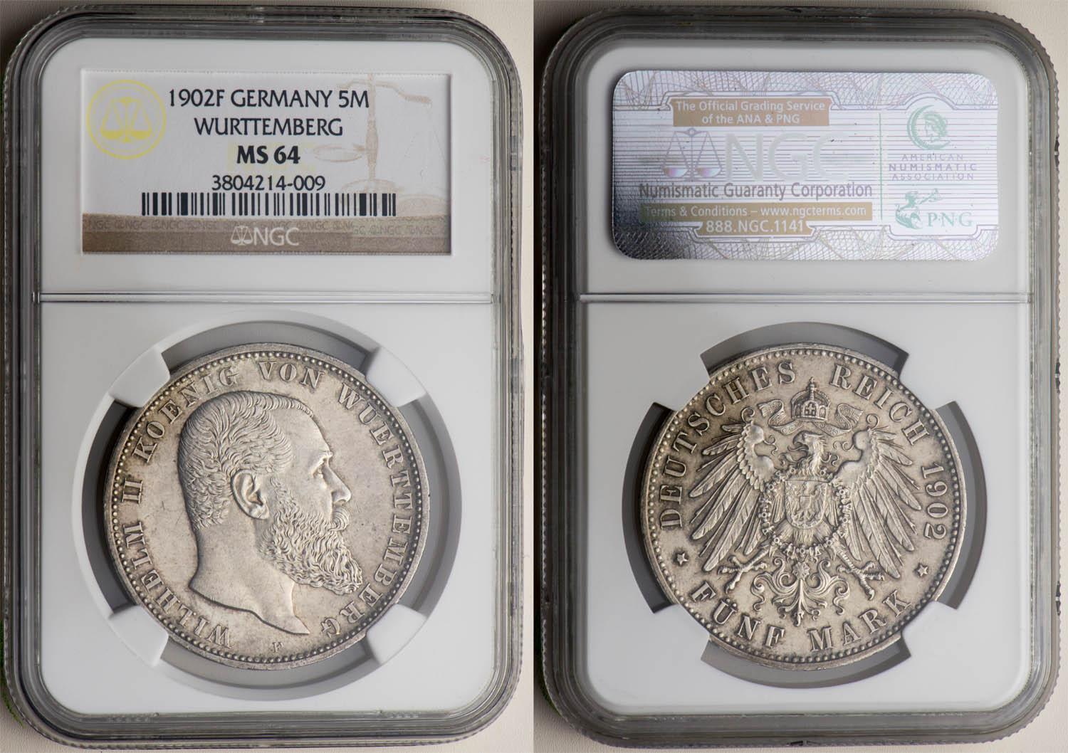 Germany, Wurttemberg, Wilhelm II, 5 Mark 1902, Better year, NGC MS 64