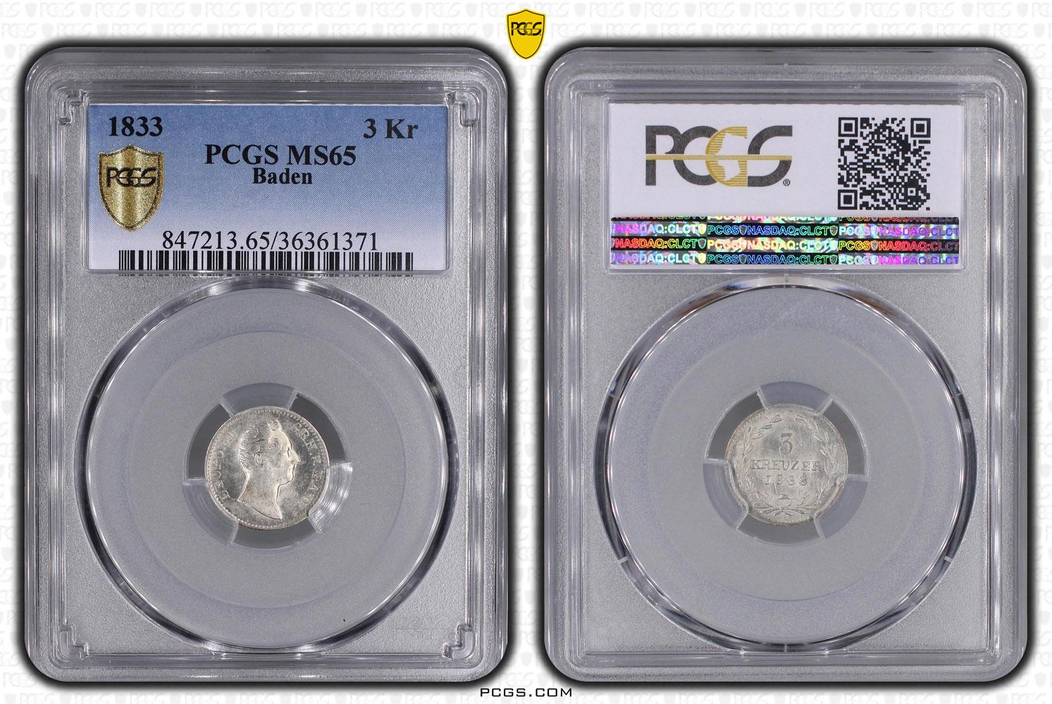 Germany, Baden, Leopold, 3 Kreuzer 1833, PCGS MS 65