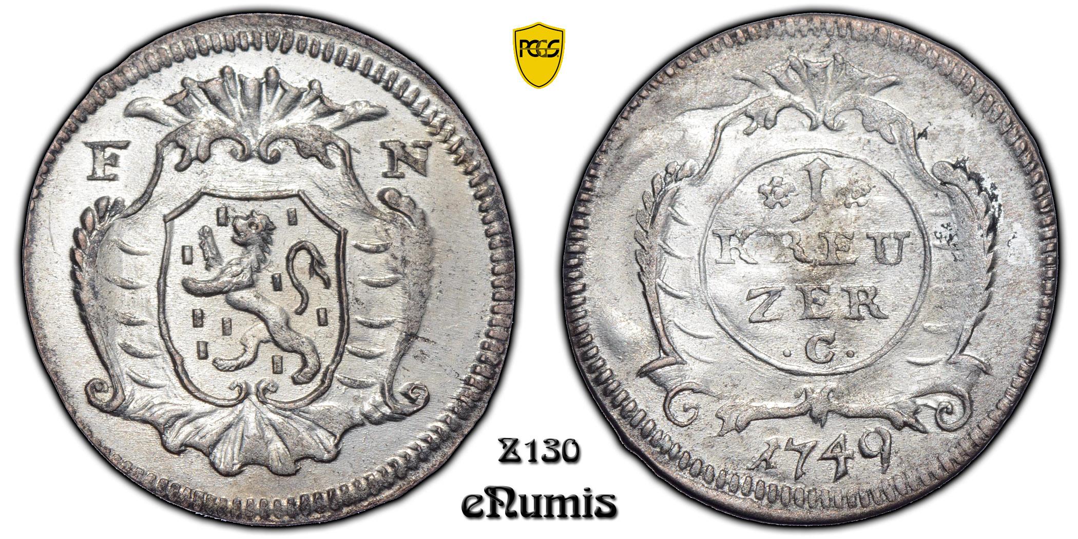 Germany, Nassau, Karl August, 1 Kreuzer 1749, Top Pop, PCGS MS 63 Germany, Nassau, Karl August, 1 Kreuzer 1749, Top Pop, PCGS MS 63