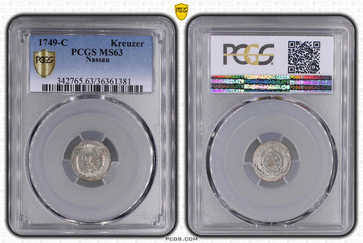 Germany, Nassau, Karl August, 1 Kreuzer 1749, Top Pop, PCGS MS 63 Germany, Nassau, Karl August, 1 Kreuzer 1749, Top Pop, PCGS MS 63