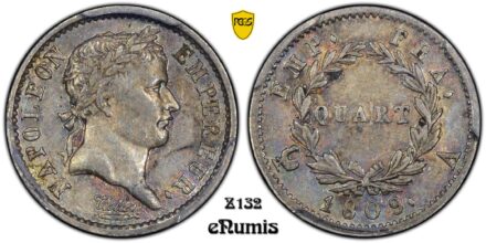 FRANCE, Napoleon I, 1/4 Franc 1809, Quart, PCGS AU 55