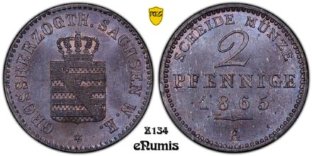 Germany, Saxe-Weimar-Eisenach, Carl Alexander, 2 Pfennige 1865, Top Pop, PCGS MS 65 BN