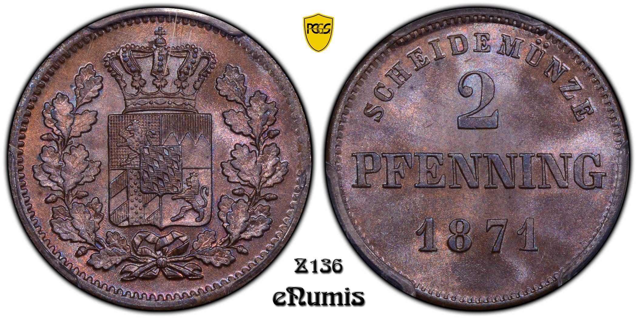 Germany, Bavaria, Ludwig II, 2 Pfenning 1871, PCGS MS 64 BN Germany, Bavaria, Ludwig II, 2 Pfenning 1871, PCGS MS 64 BN