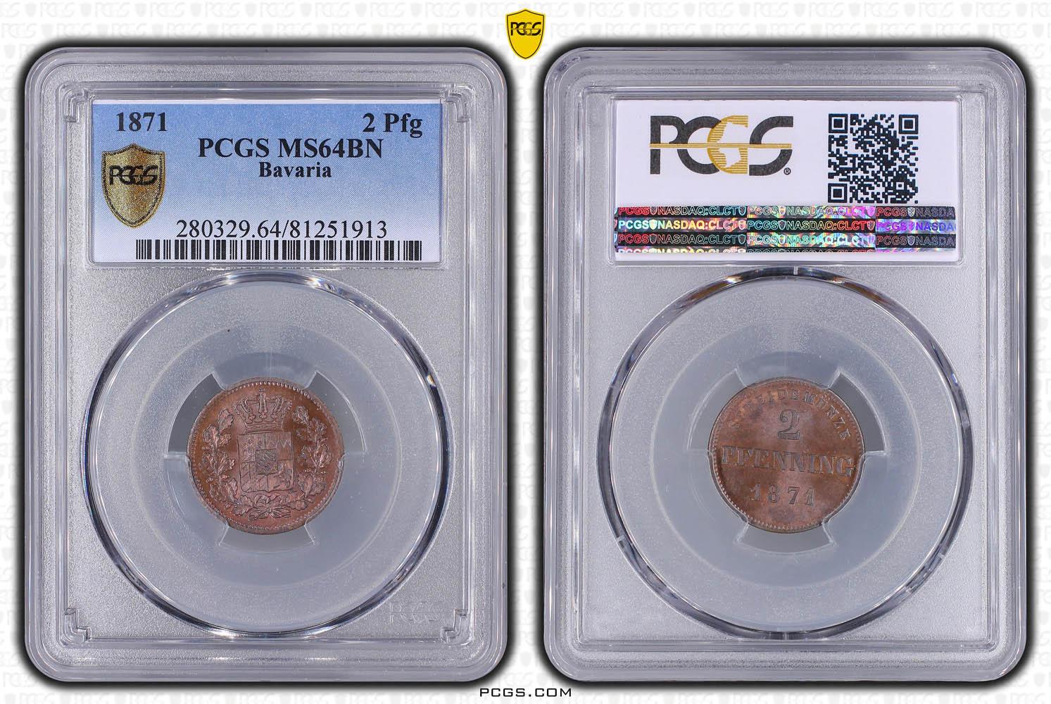 Germany, Bavaria, Ludwig II, 2 Pfenning 1871, PCGS MS 64 BN Germany, Bavaria, Ludwig II, 2 Pfenning 1871, PCGS MS 64 BN