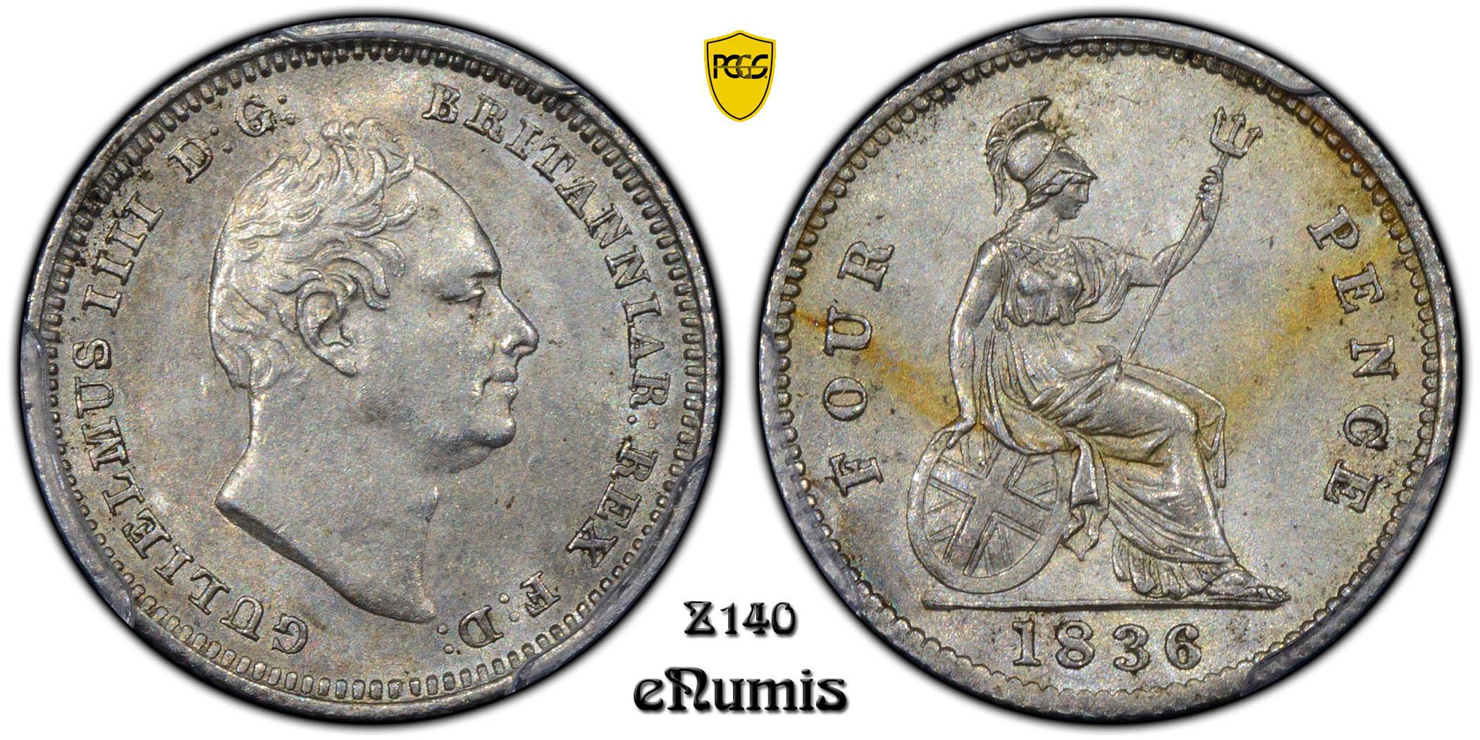 Great Britain, William IV, 4 Pence Groat 1836, Large Head, Rare!, PCGS MS 62 Great Britain, William IV, 4 Pence Groat 1836, Large Head, Rare!, PCGS MS 62