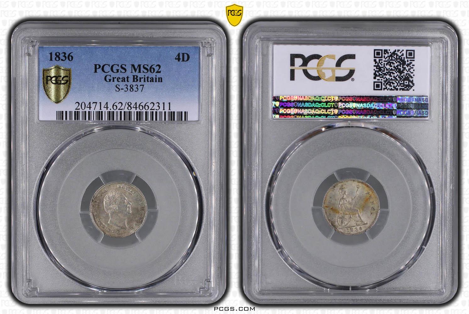 Great Britain, William IV, 4 Pence Groat 1836, Large Head, Rare!, PCGS MS 62 Great Britain, William IV, 4 Pence Groat 1836, Large Head, Rare!, PCGS MS 62