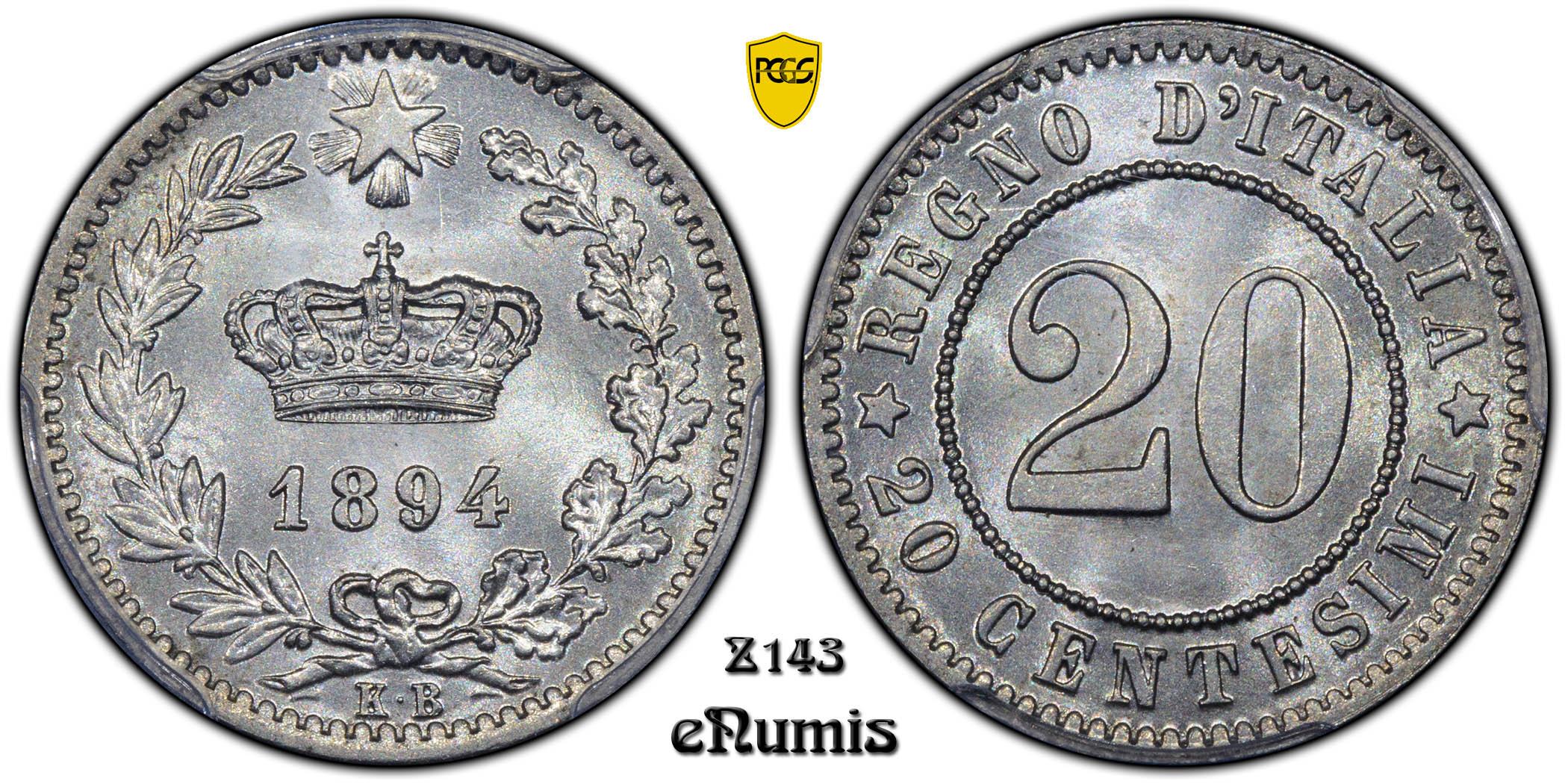 ITALY, Umberto I, 20 Centesimi 1894 KB, PCGS MS 65