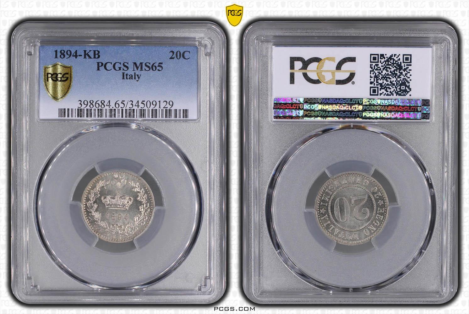 ITALY, Umberto I, 20 Centesimi 1894 KB, PCGS MS 65
