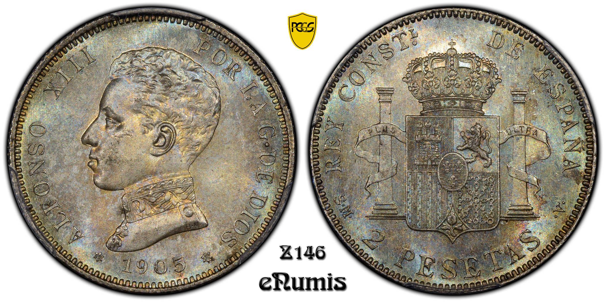 SPAIN, Alfonso XIII, 2 Pesetas 1905 SM-V, Top Pop, PCGS MS 65 SPAIN, Alfonso XIII, 2 Pesetas 1905 SM-V, Top Pop, PCGS MS 65