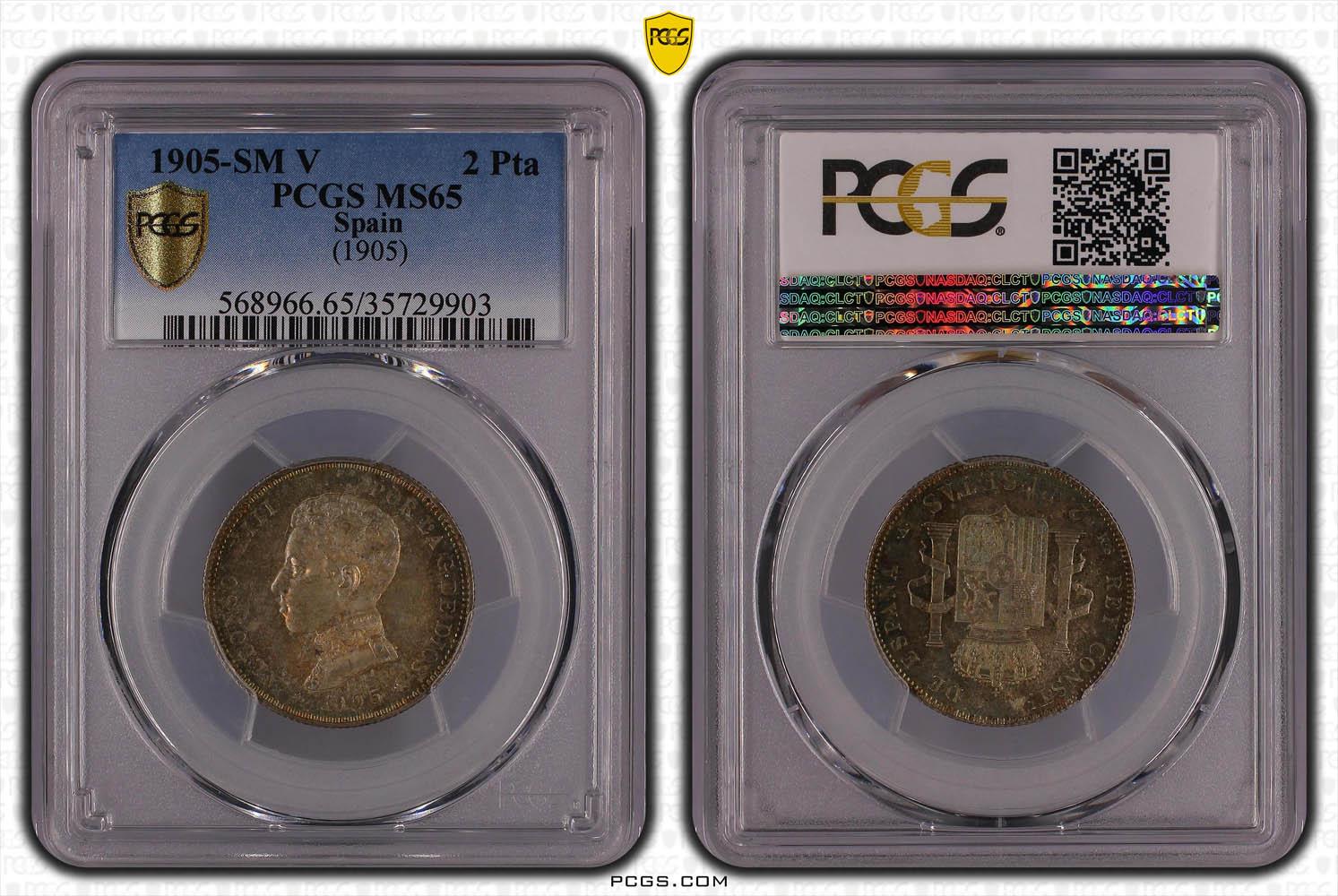 SPAIN, Alfonso XIII, 2 Pesetas 1905 SM-V, Top Pop, PCGS MS 65 SPAIN, Alfonso XIII, 2 Pesetas 1905 SM-V, Top Pop, PCGS MS 65