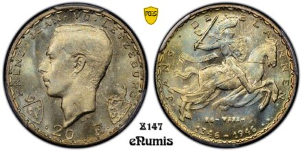 Luxembourg, 20 Francs 1946, John the Blind, nicely toned, PCGS MS 67