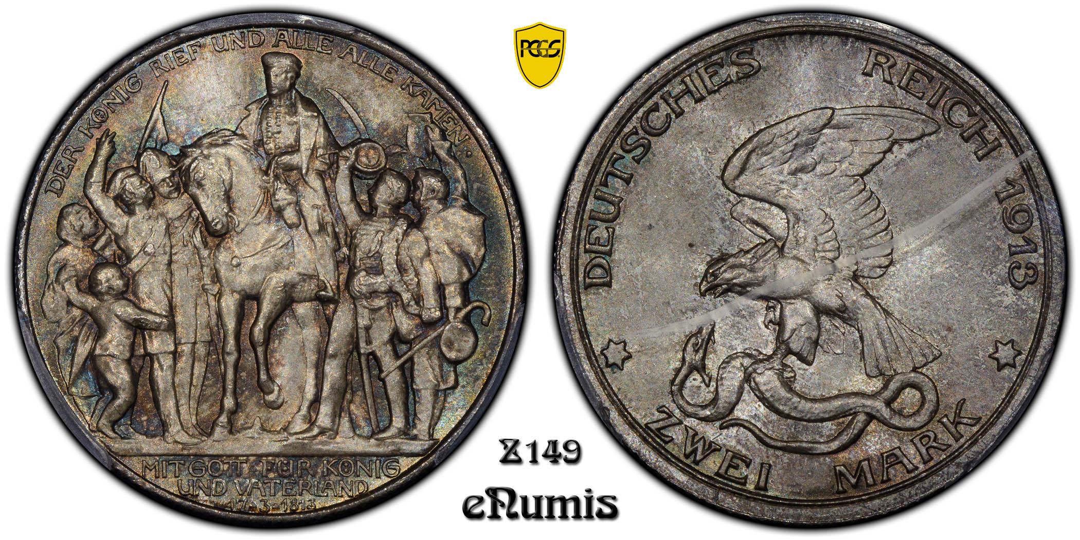 Germany, Prussia, Wilhelm II, 2 Mark 1913, victory over Napoleon, PCGS MS 66+