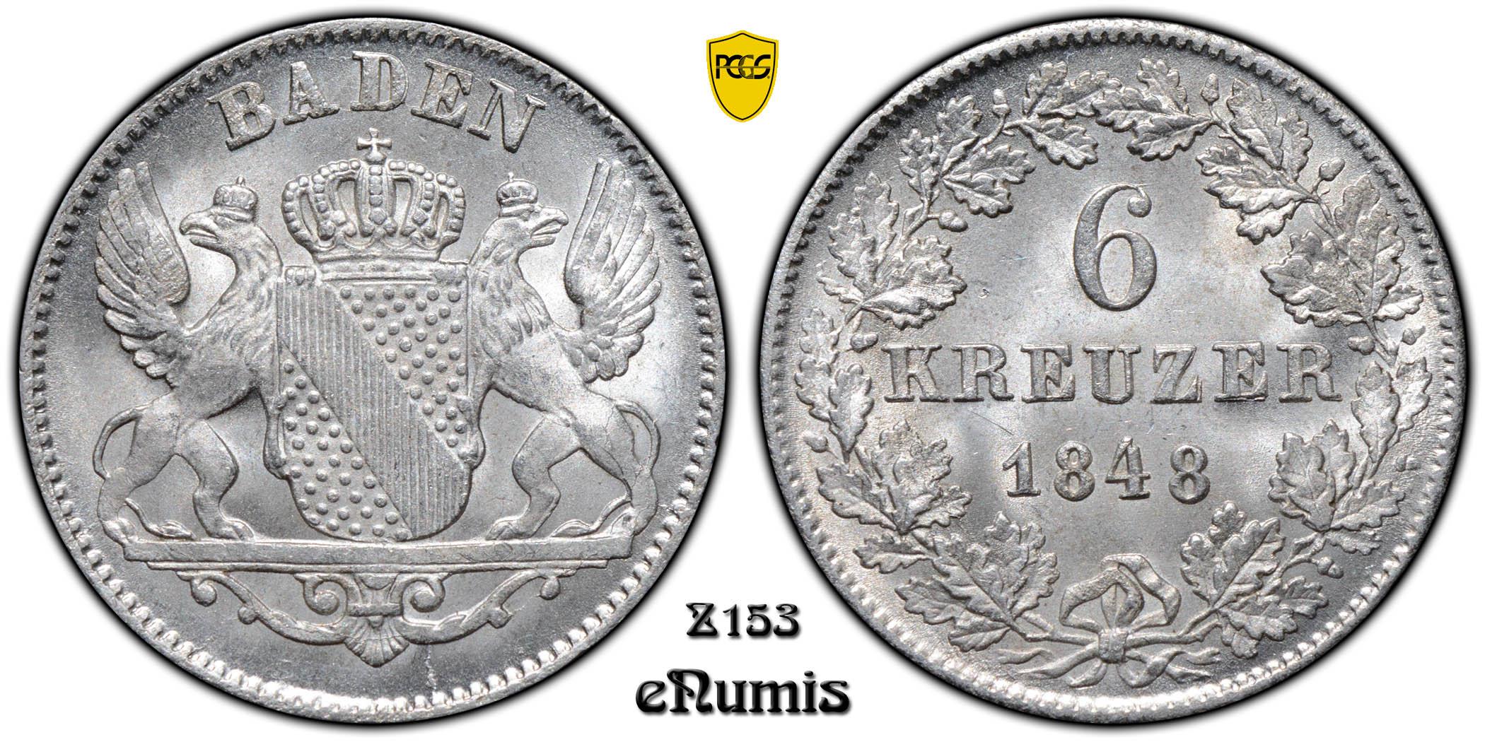 Germany, Baden, Leopold, 6 Kreuzer 1848, Top Pop, PCGS MS 67