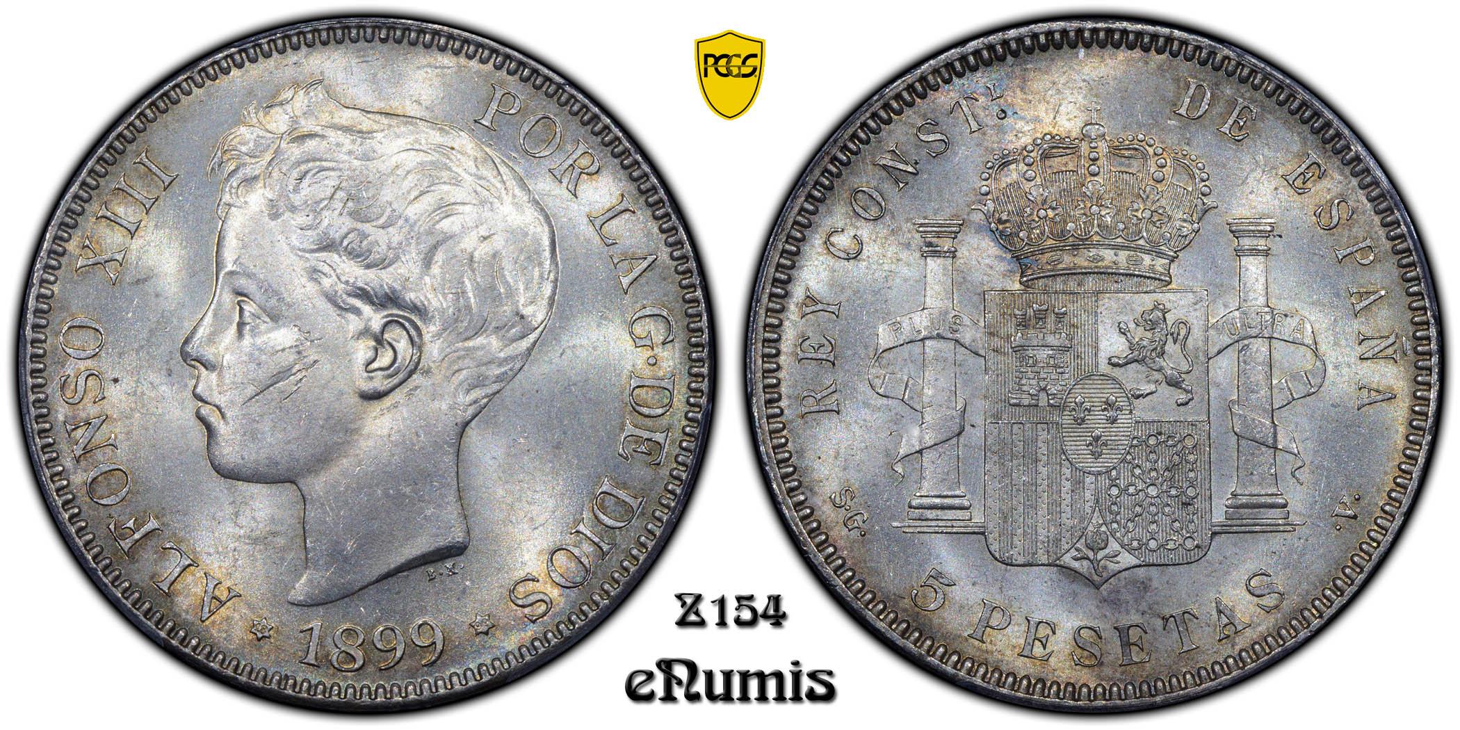 SPAIN, Alfonso XIII, 5 Pesetas 1899 SG-V, PCGS MS 63 SPAIN, Alfonso XIII, 5 Pesetas 1899 SG-V, PCGS MS 63