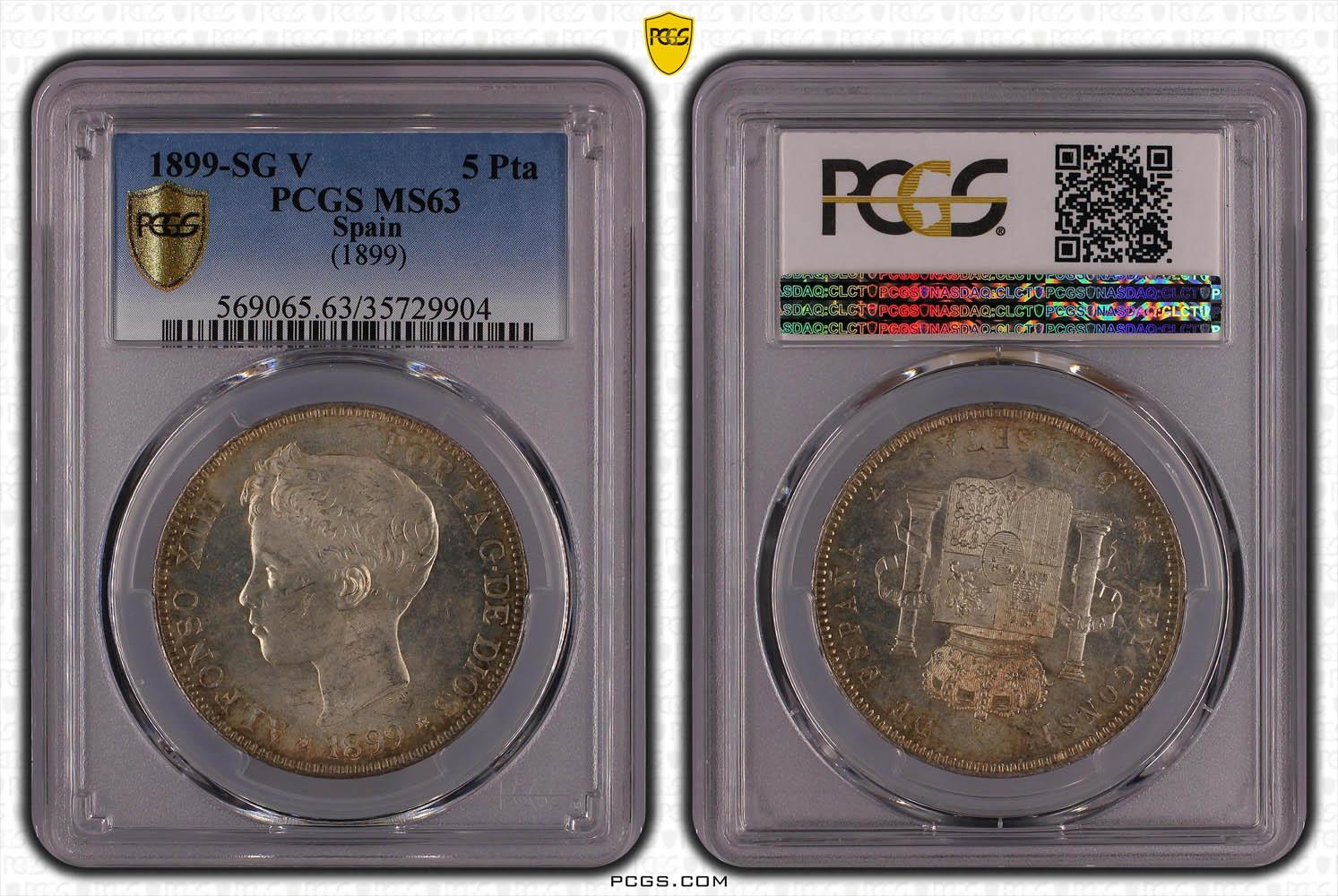 SPAIN, Alfonso XIII, 5 Pesetas 1899 SG-V, PCGS MS 63 SPAIN, Alfonso XIII, 5 Pesetas 1899 SG-V, PCGS MS 63