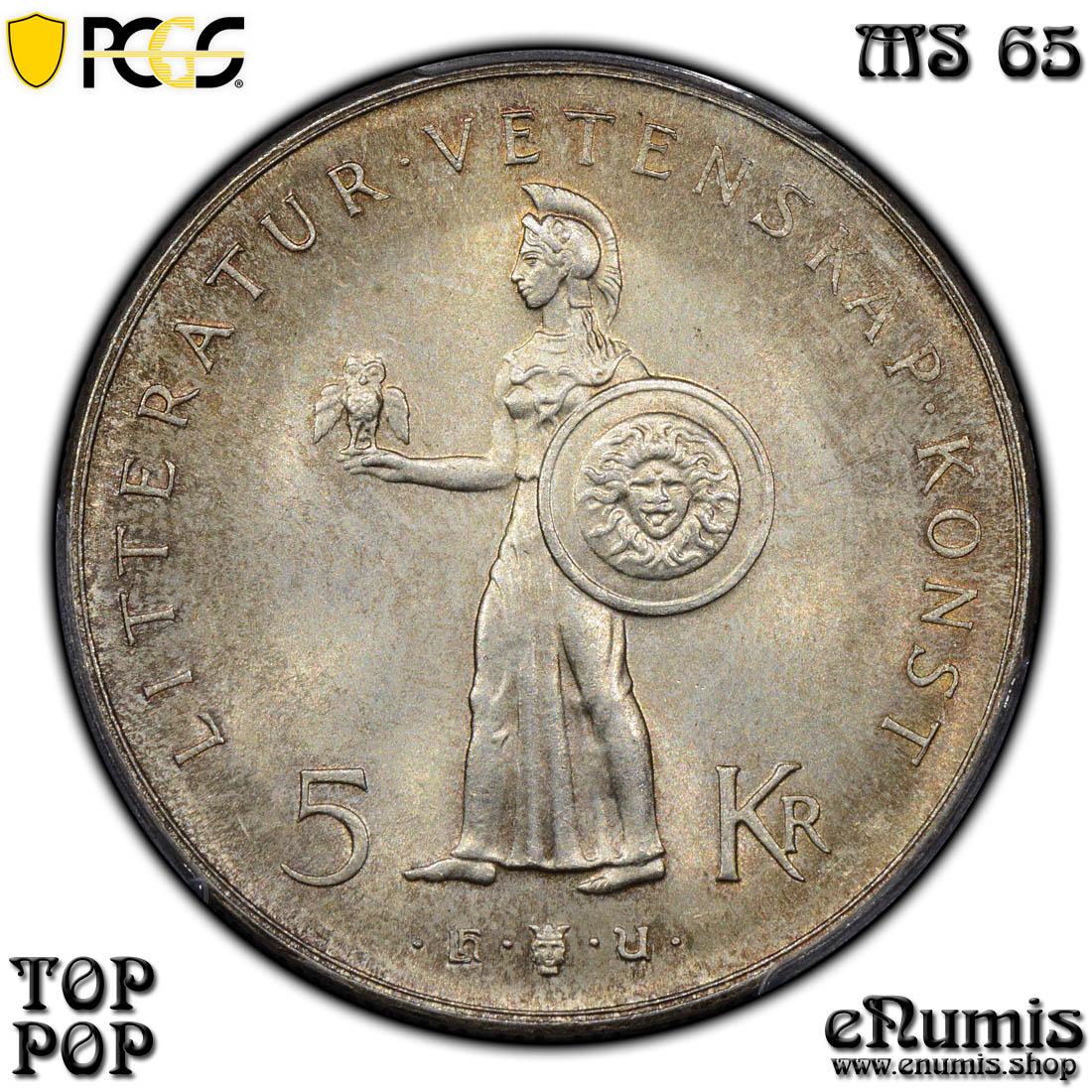 SWEDEN, Gustaf VI Adolf, 5 Kronor 1962, 80th Birthday, Top Pop, PCGS MS 65