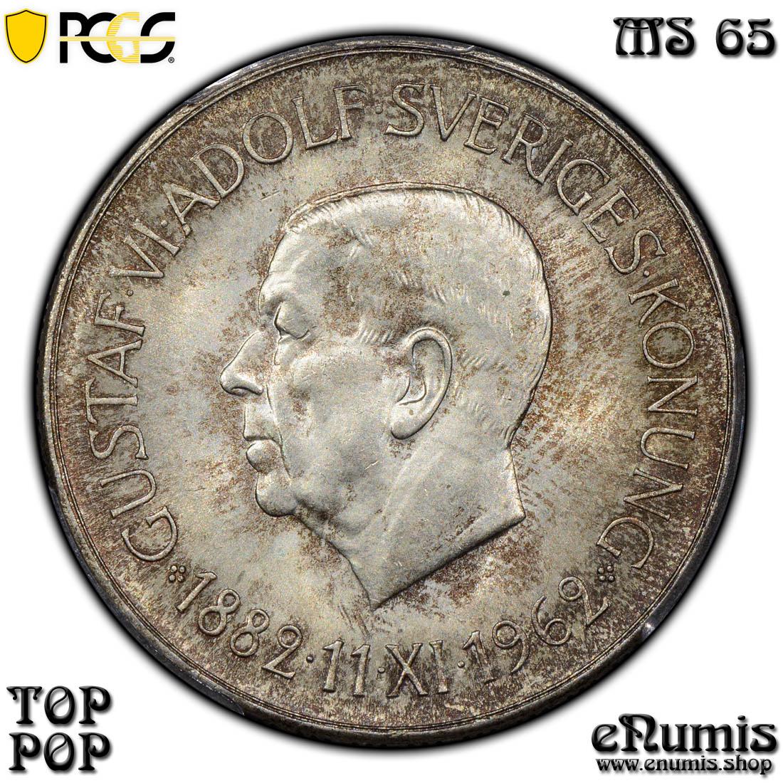 SWEDEN, Gustaf VI Adolf, 5 Kronor 1962, 80th Birthday, Top Pop, PCGS MS 65
