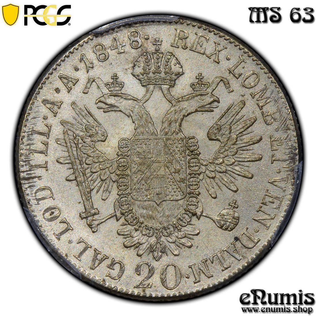 AUSTRIA, Ferdinand I, 20 Kreuzer 1848 A, PCGS MS 63 AUSTRIA, Ferdinand I, 20 Kreuzer 1848 A, PCGS MS 63