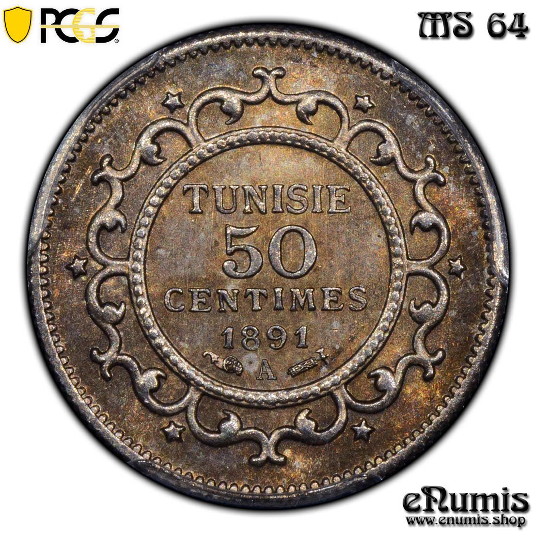 TUNISIA, Ali III, 50 Centimes 1891, nicely toned, PCGS MS 64 TUNISIA, Ali III, 50 Centimes 1891, nicely toned, PCGS MS 64