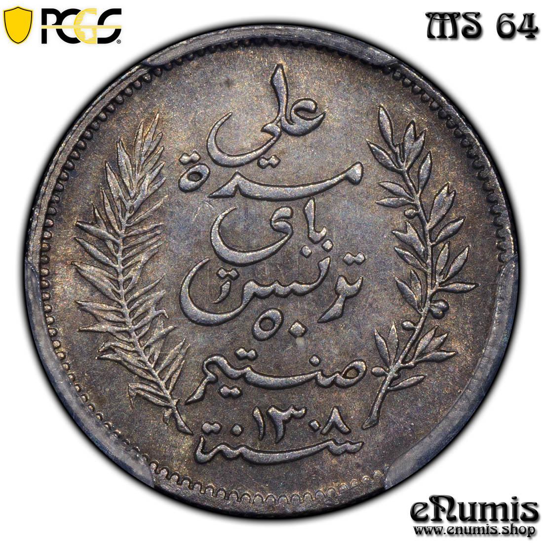 TUNISIA, Ali III, 50 Centimes 1891, nicely toned, PCGS MS 64 TUNISIA, Ali III, 50 Centimes 1891, nicely toned, PCGS MS 64