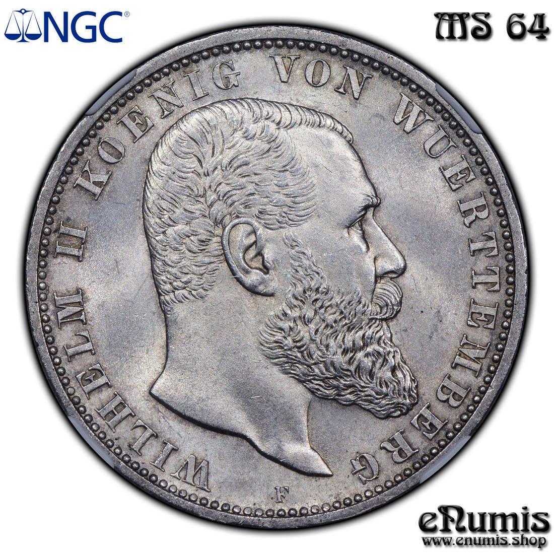 Germany, Wurttemberg, Wilhelm II, 5 Mark 1902, Better year, NGC MS 64