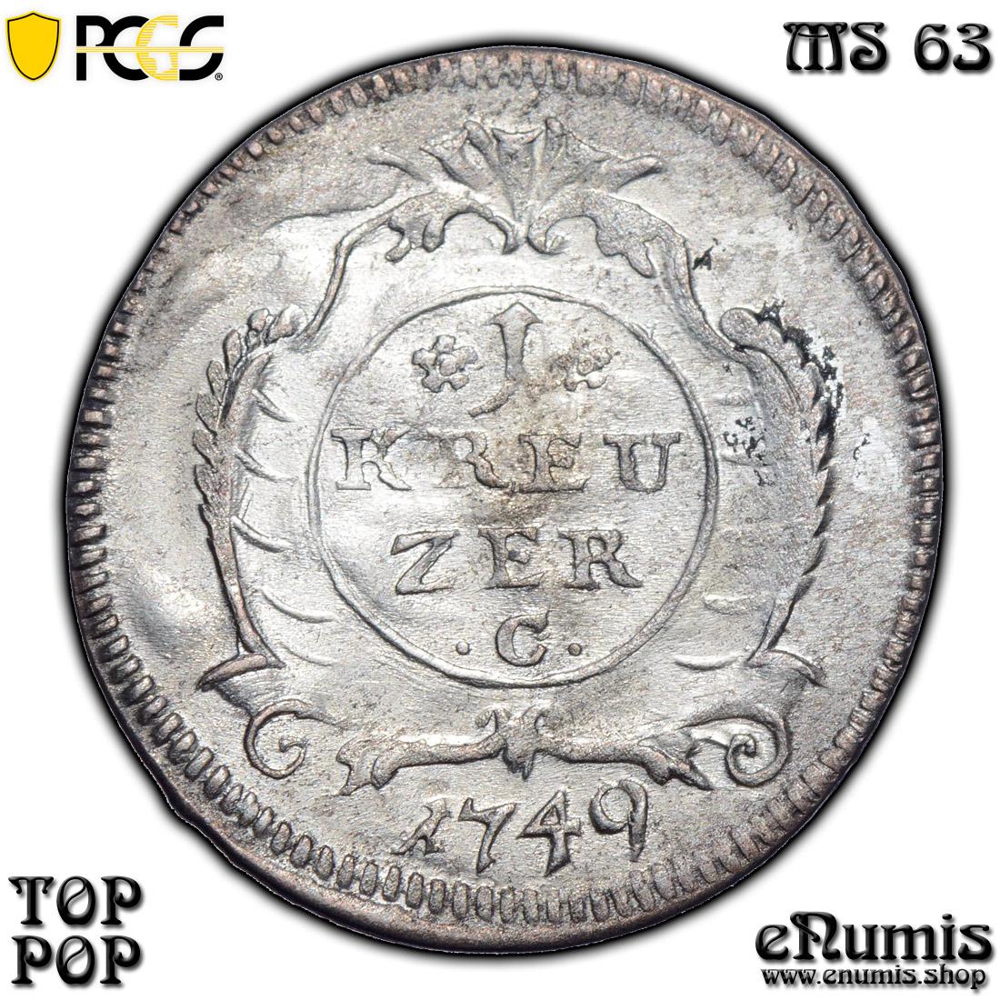Germany, Nassau, Karl August, 1 Kreuzer 1749, Top Pop, PCGS MS 63 Germany, Nassau, Karl August, 1 Kreuzer 1749, Top Pop, PCGS MS 63