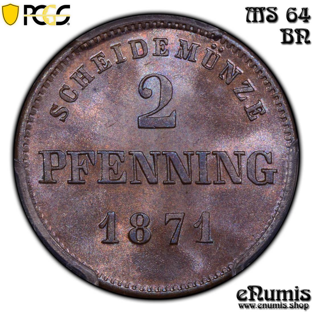 Germany, Bavaria, Ludwig II, 2 Pfenning 1871, PCGS MS 64 BN Germany, Bavaria, Ludwig II, 2 Pfenning 1871, PCGS MS 64 BN