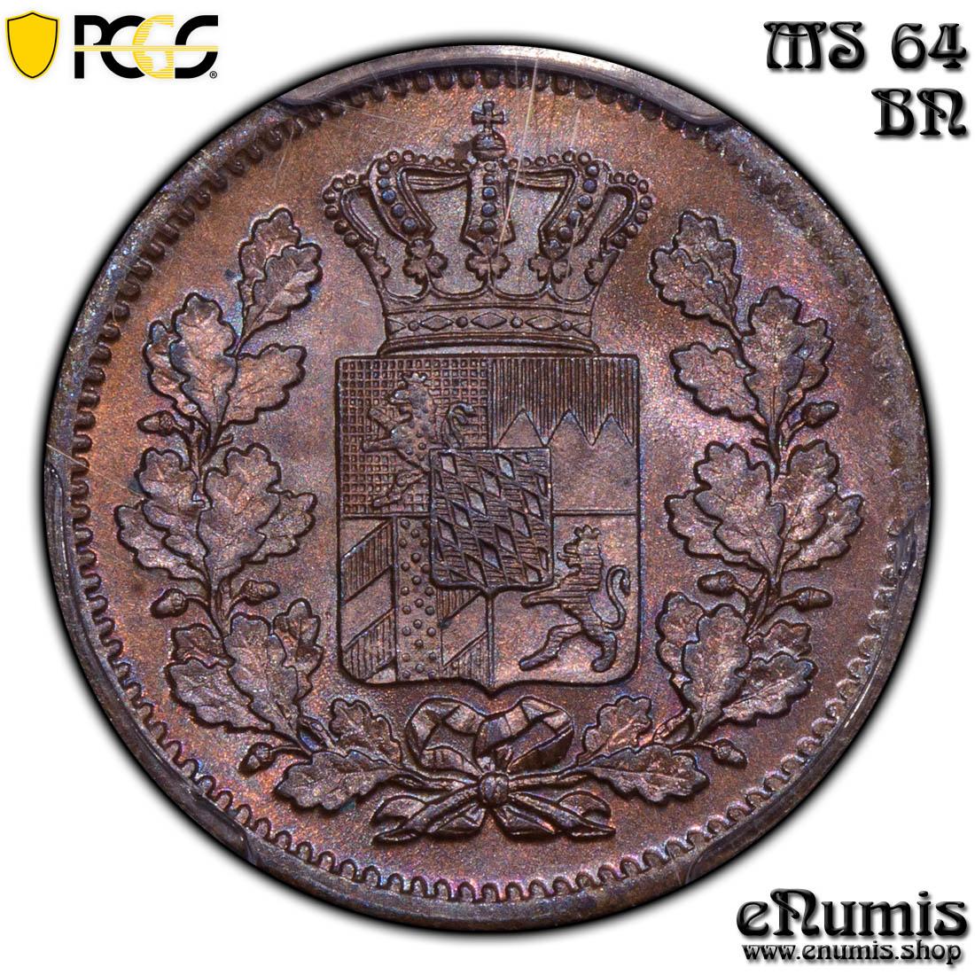 Germany, Bavaria, Ludwig II, 2 Pfenning 1871, PCGS MS 64 BN Germany, Bavaria, Ludwig II, 2 Pfenning 1871, PCGS MS 64 BN