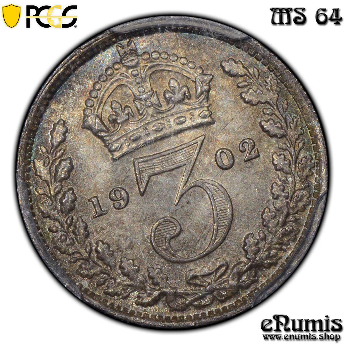 Great Britain, Edward VII, 3 Pence 1902, Error: Rotation, PCGS MS 64 Great Britain, Edward VII, 3 Pence 1902, Error: Rotation, PCGS MS 64