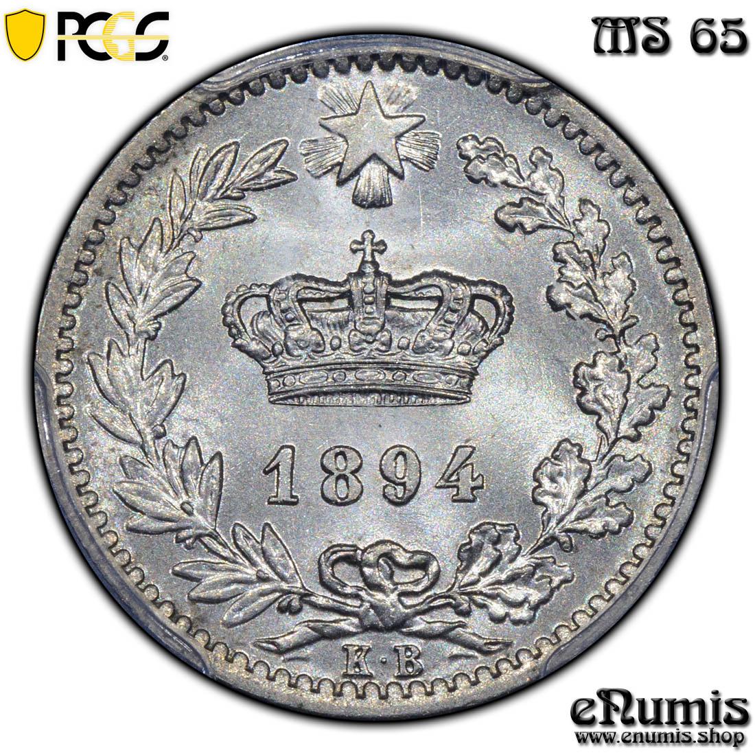 ITALY, Umberto I, 20 Centesimi 1894 KB, PCGS MS 65