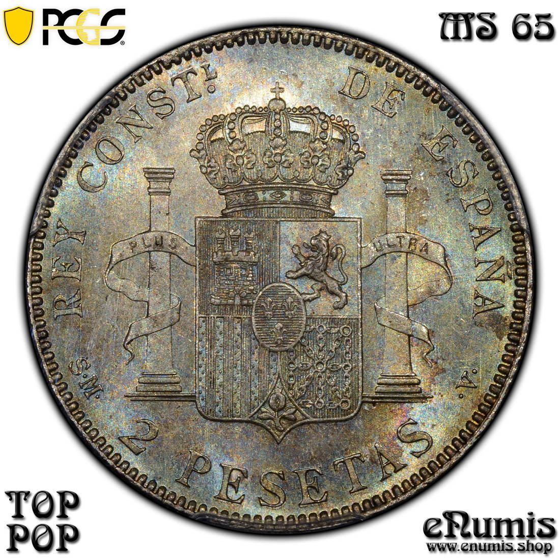 SPAIN, Alfonso XIII, 2 Pesetas 1905 SM-V, Top Pop, PCGS MS 65 SPAIN, Alfonso XIII, 2 Pesetas 1905 SM-V, Top Pop, PCGS MS 65