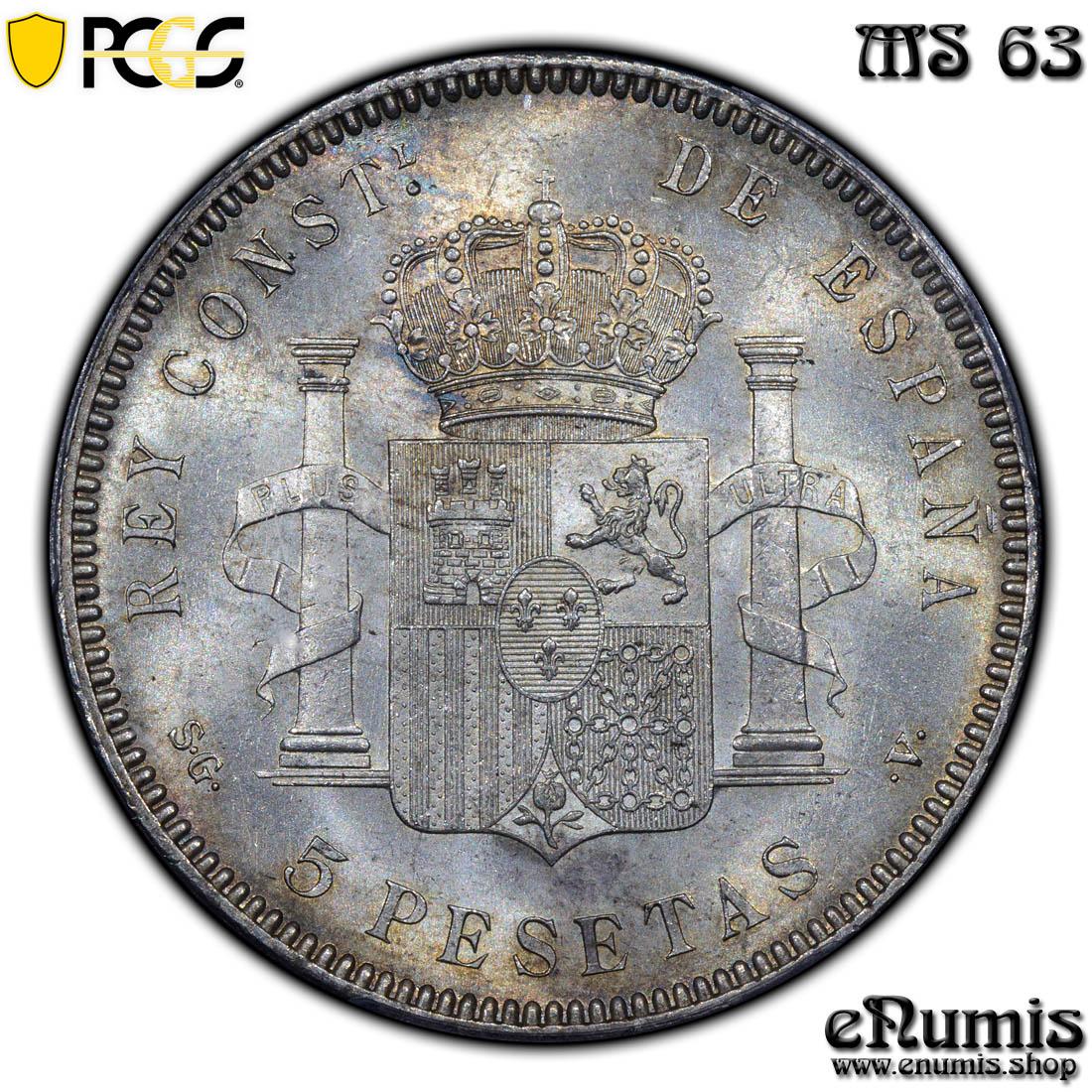 SPAIN, Alfonso XIII, 5 Pesetas 1899 SG-V, PCGS MS 63 SPAIN, Alfonso XIII, 5 Pesetas 1899 SG-V, PCGS MS 63