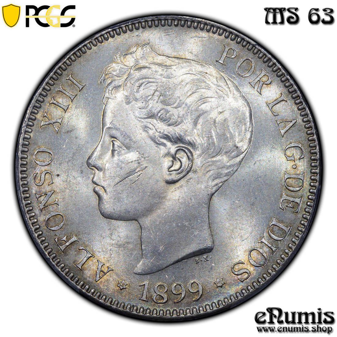 SPAIN, Alfonso XIII, 5 Pesetas 1899 SG-V, PCGS MS 63 SPAIN, Alfonso XIII, 5 Pesetas 1899 SG-V, PCGS MS 63