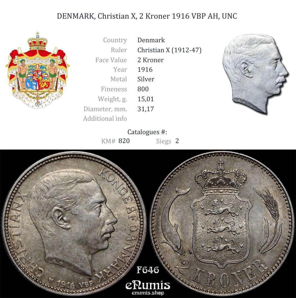 DENMARK, Christian X, 2 Kroner 1916 VBP AH, UNC
