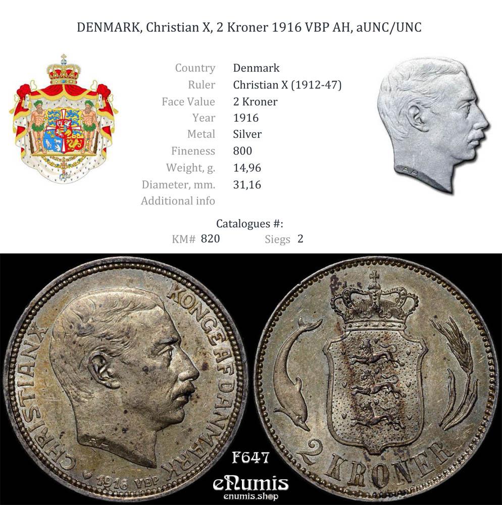 DENMARK, Christian X, 2 Kroner 1916 VBP AH, aUNC/UNC DENMARK, Christian X, 2 Kroner 1916 VBP AH, aUNC/UNC