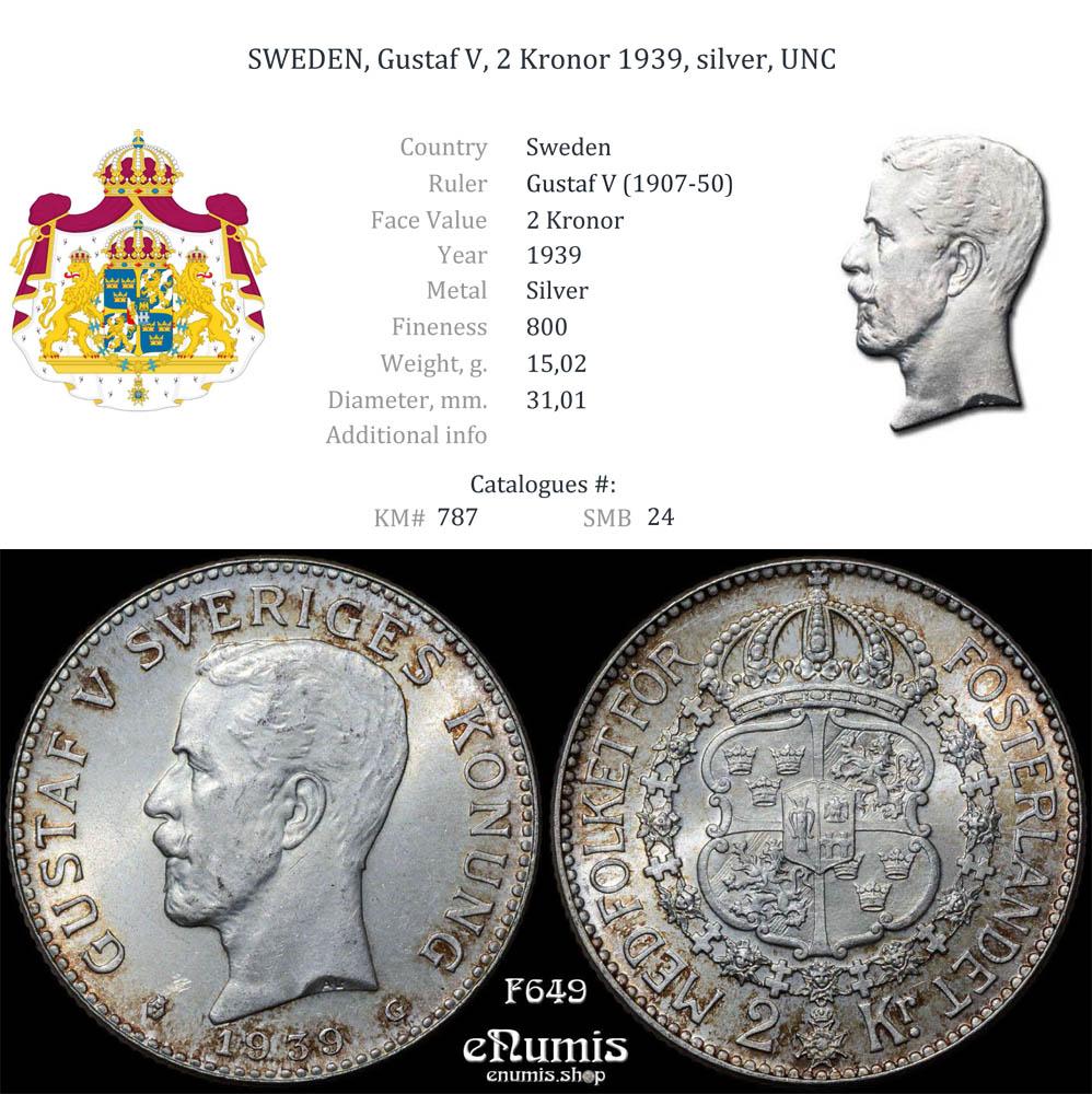 SWEDEN, Gustaf V, 2 Kronor 1939, silver, UNC