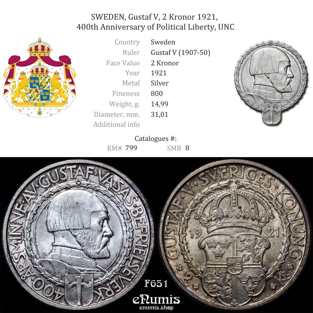SWEDEN, Gustaf V, 2 Kronor 1921, 400th Anniversary of Political Liberty, UNC
