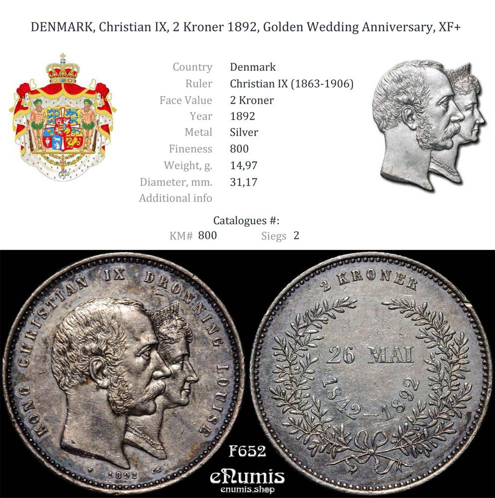 DENMARK, Christian IX, 2 Kroner 1892, Golden Wedding Anniversary, XF+