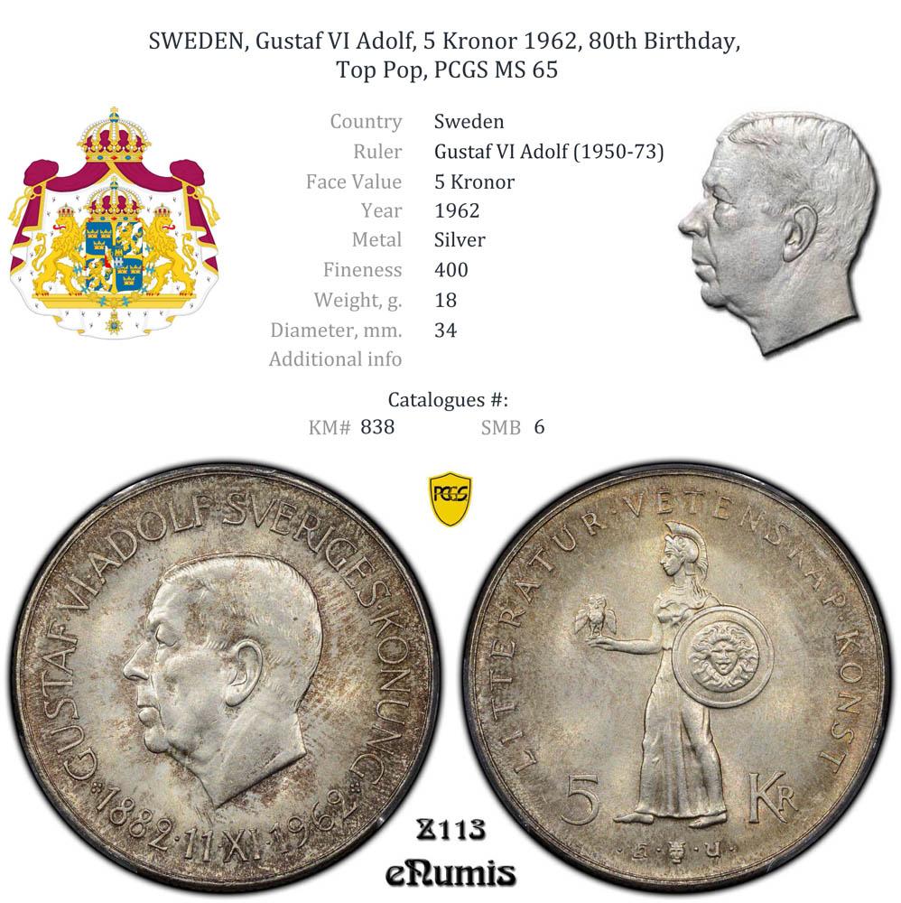 SWEDEN, Gustaf VI Adolf, 5 Kronor 1962, 80th Birthday, Top Pop, PCGS MS 65