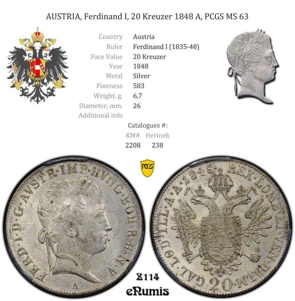 AUSTRIA, Ferdinand I, 20 Kreuzer 1848 A, PCGS MS 63 AUSTRIA, Ferdinand I, 20 Kreuzer 1848 A, PCGS MS 63