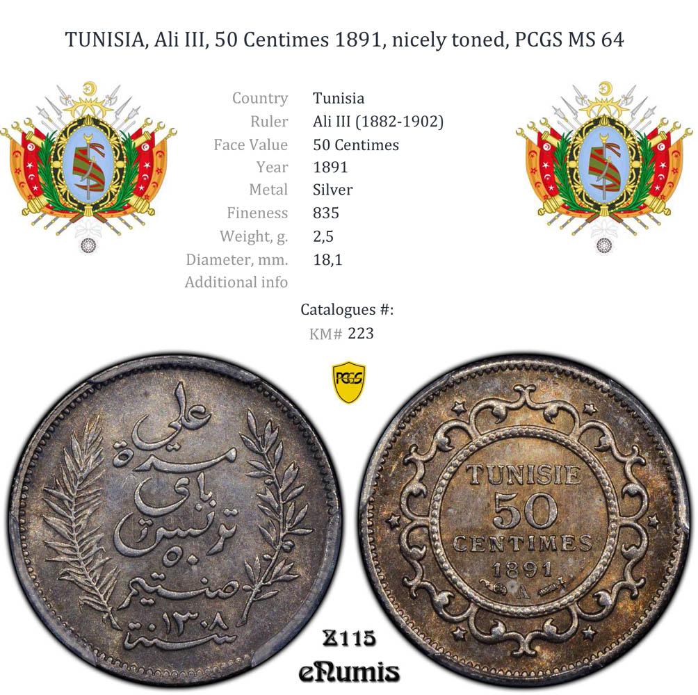 TUNISIA, Ali III, 50 Centimes 1891, nicely toned, PCGS MS 64 TUNISIA, Ali III, 50 Centimes 1891, nicely toned, PCGS MS 64