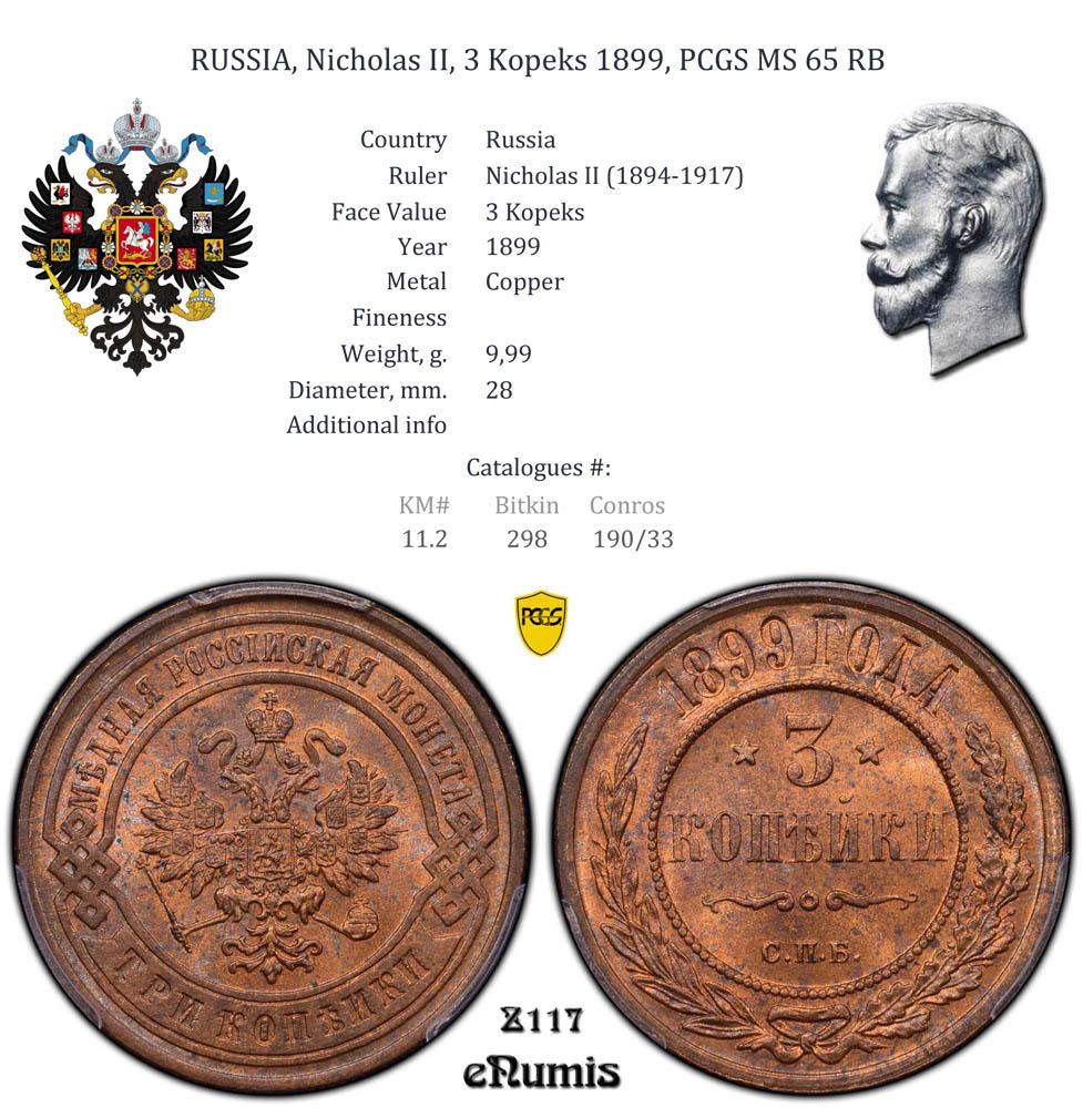 RUSSIA, Nicholas II, 3 Kopeks 1899, PCGS MS 65 RB RUSSIA, Nicholas II, 3 Kopeks 1899, PCGS MS 65 RB