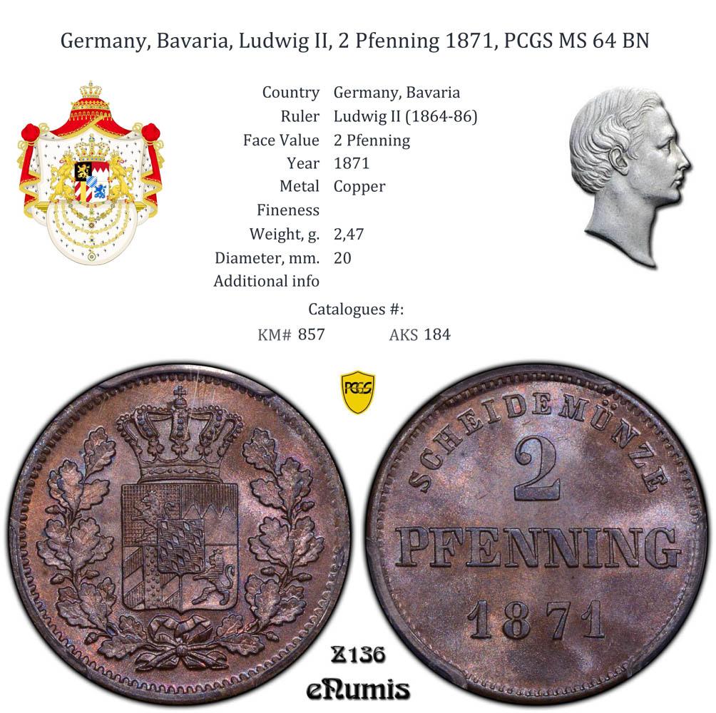 Germany, Bavaria, Ludwig II, 2 Pfenning 1871, PCGS MS 64 BN Germany, Bavaria, Ludwig II, 2 Pfenning 1871, PCGS MS 64 BN