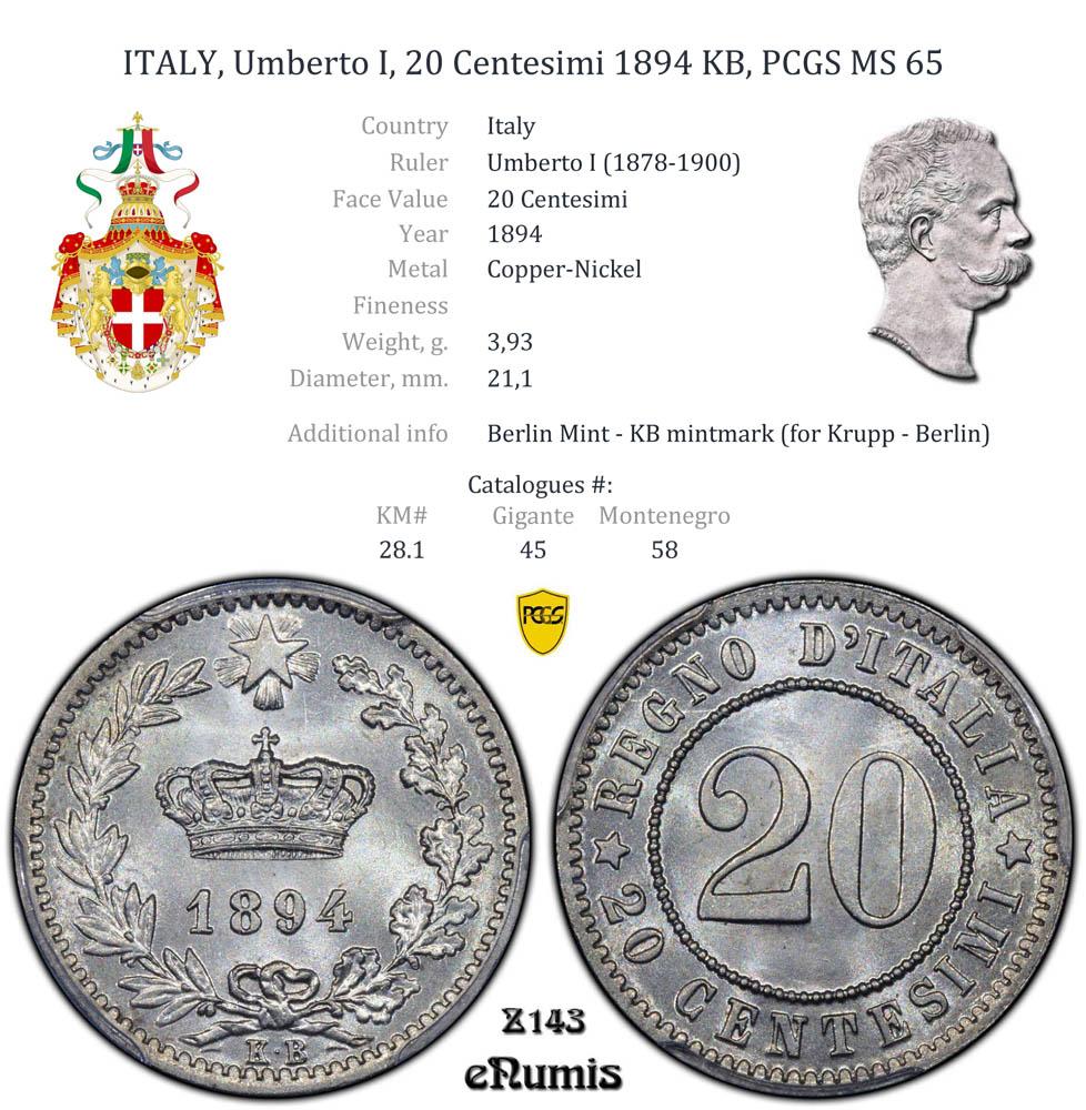 ITALY, Umberto I, 20 Centesimi 1894 KB, PCGS MS 65