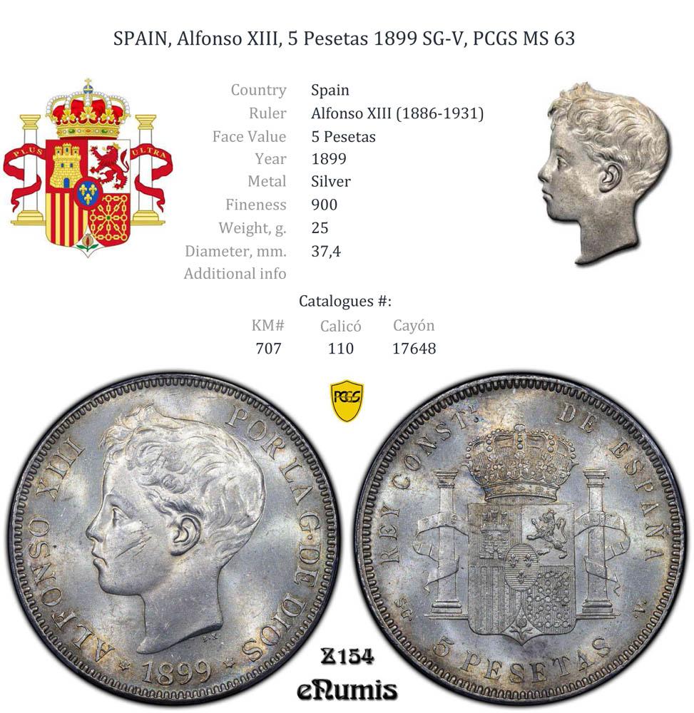 SPAIN, Alfonso XIII, 5 Pesetas 1899 SG-V, PCGS MS 63 SPAIN, Alfonso XIII, 5 Pesetas 1899 SG-V, PCGS MS 63