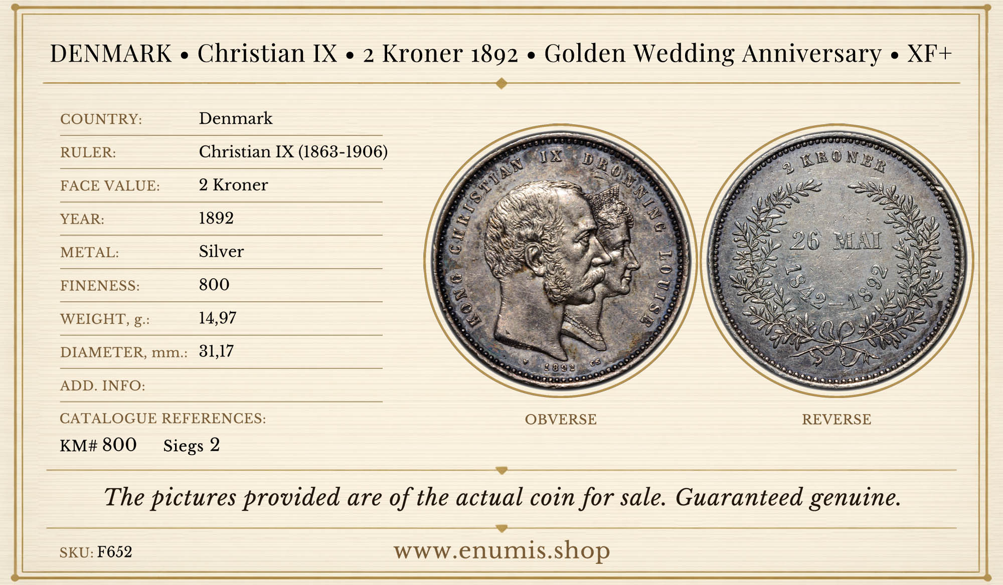DENMARK, Christian IX, 2 Kroner 1892, Golden Wedding Anniversary, XF+